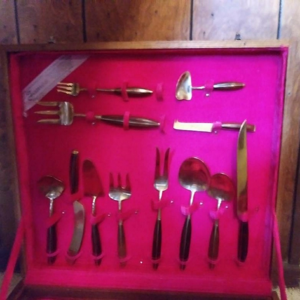 Vintage Thai bronze Rosewood silverware set